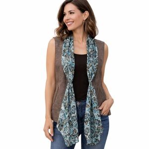 Alberto Makali Linen Blend Draped Vest Brown  Print Open Front Size L (Runs S)